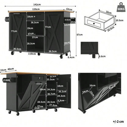 Moderne Kücheninsel, Küchenschrank für Mülleimer, buffetschrank, Multifunktionale Esstisch mit Speicherraum, Speisewagen mit Snackregalen und Stretchfunktionsschränken, schwarz