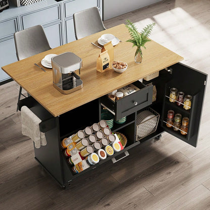 Moderne Kücheninsel, Küchenschrank für Mülleimer, buffetschrank, Multifunktionale Esstisch mit Speicherraum, Speisewagen mit Snackregalen und Stretchfunktionsschränken, schwarz