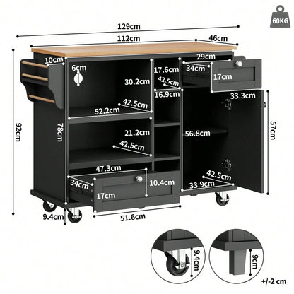 Esszimmerwagen (129 x 46 x 92 cm), moderner und einfacher schwarzer, beweglicher Küchen-Esswagen mit Schubladen und Lagerschränken, hellbraune Holzarbeitsplatte(previous sku:N620P19312829S)