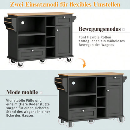 Esszimmerwagen (129 x 46 x 92 cm), moderner und einfacher schwarzer, beweglicher Küchen-Esswagen mit Schubladen und Lagerschränken, hellbraune Holzarbeitsplatte(previous sku:N620P19312829S)