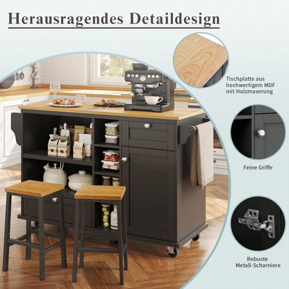 Esszimmerwagen (129 x 46 x 92 cm), moderner und einfacher schwarzer, beweglicher Küchen-Esswagen mit Schubladen und Lagerschränken, hellbraune Holzarbeitsplatte(previous sku:N620P19312829S)