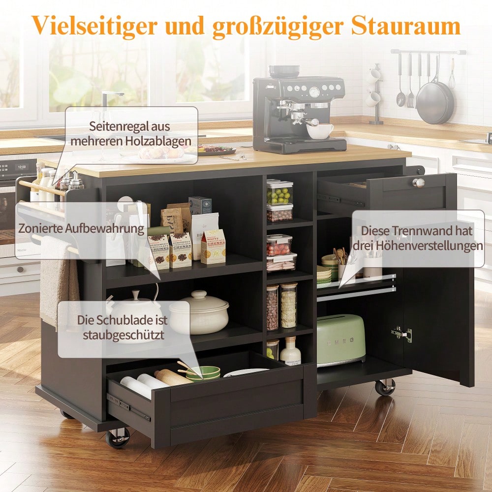 Esszimmerwagen (129 x 46 x 92 cm), moderner und einfacher schwarzer, beweglicher Küchen-Esswagen mit Schubladen und Lagerschränken, hellbraune Holzarbeitsplatte(previous sku:N620P19312829S)