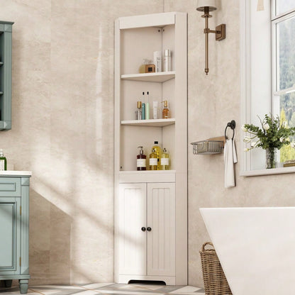 Badezimmer-Hochschrank, Drei offene Ablagefächer, Feuchtigkeitsgeschützte Flügeltüren, Verschiebbare Einlegeböden, Schlichte Form, Weiß