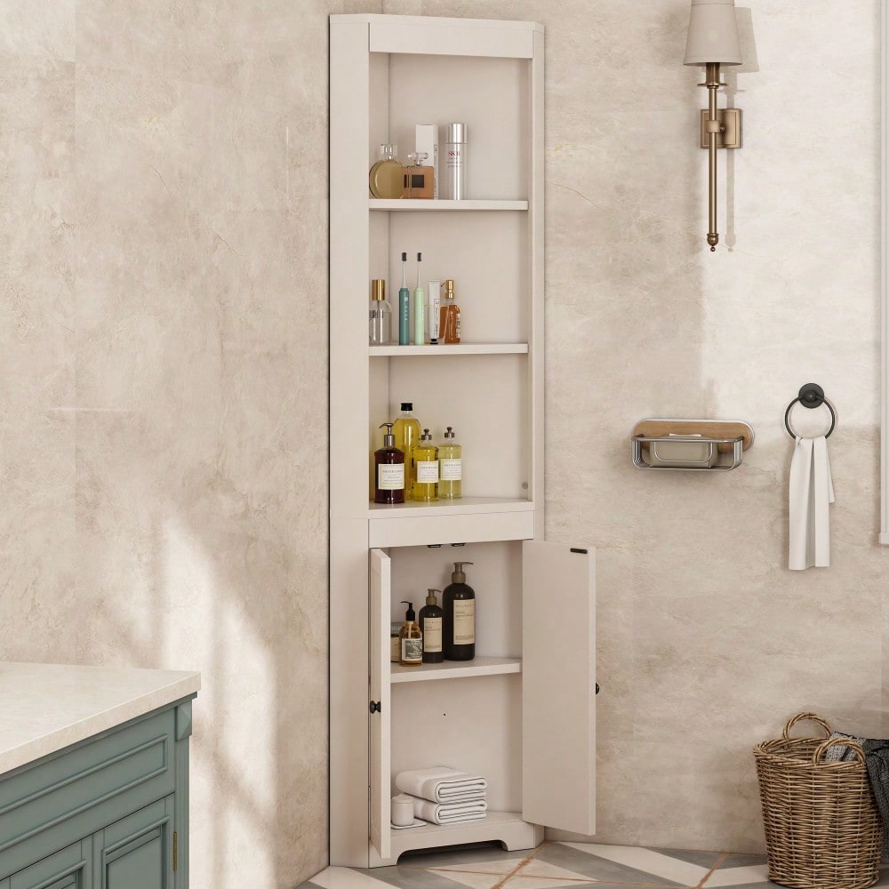 Badezimmer-Hochschrank, Drei offene Ablagefächer, Feuchtigkeitsgeschützte Flügeltüren, Verschiebbare Einlegeböden, Schlichte Form, Weiß