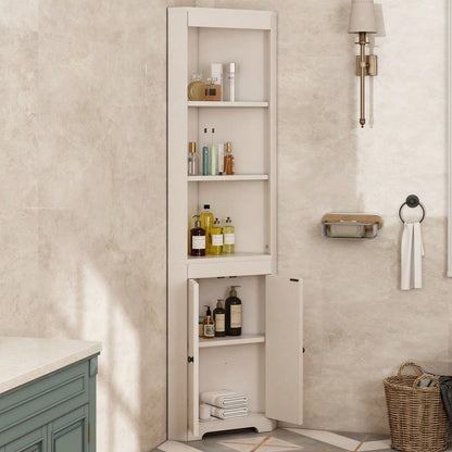 Badezimmer-Hochschrank, Drei offene Ablagefächer, Feuchtigkeitsgeschützte Flügeltüren, Verschiebbare Einlegeböden, Schlichte Form, Weiß