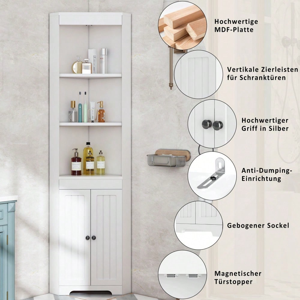 Badezimmer-Hochschrank, Drei offene Ablagefächer, Feuchtigkeitsgeschützte Flügeltüren, Verschiebbare Einlegeböden, Schlichte Form, Weiß