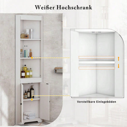 Badezimmer-Hochschrank, Drei offene Ablagefächer, Feuchtigkeitsgeschützte Flügeltüren, Verschiebbare Einlegeböden, Schlichte Form, Weiß