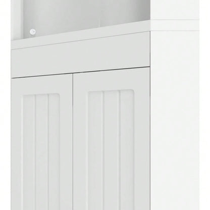 Badezimmer-Hochschrank, Drei offene Ablagefächer, Feuchtigkeitsgeschützte Flügeltüren, Verschiebbare Einlegeböden, Schlichte Form, Weiß