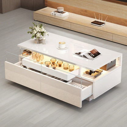 90 * 45 * 35.5 cm Couchtisch mit Tablett, Hochglanz-Couchtisch fürs Wohnzimmer, Sofatisch mit 2 Schubladen, tragender Beistelltisch aus gehärtetem Glas, kaffeetisch mit LED-Licht,Weiß
