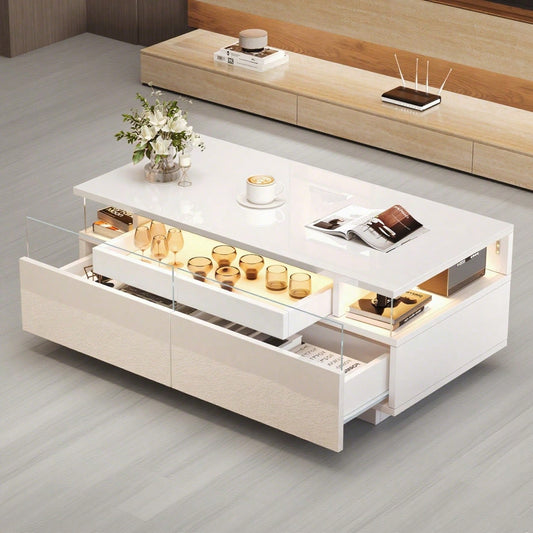 90 * 45 * 35.5 cm Couchtisch mit Tablett, Hochglanz-Couchtisch fürs Wohnzimmer, Sofatisch mit 2 Schubladen, tragender Beistelltisch aus gehärtetem Glas, kaffeetisch mit LED-Licht,Weiß