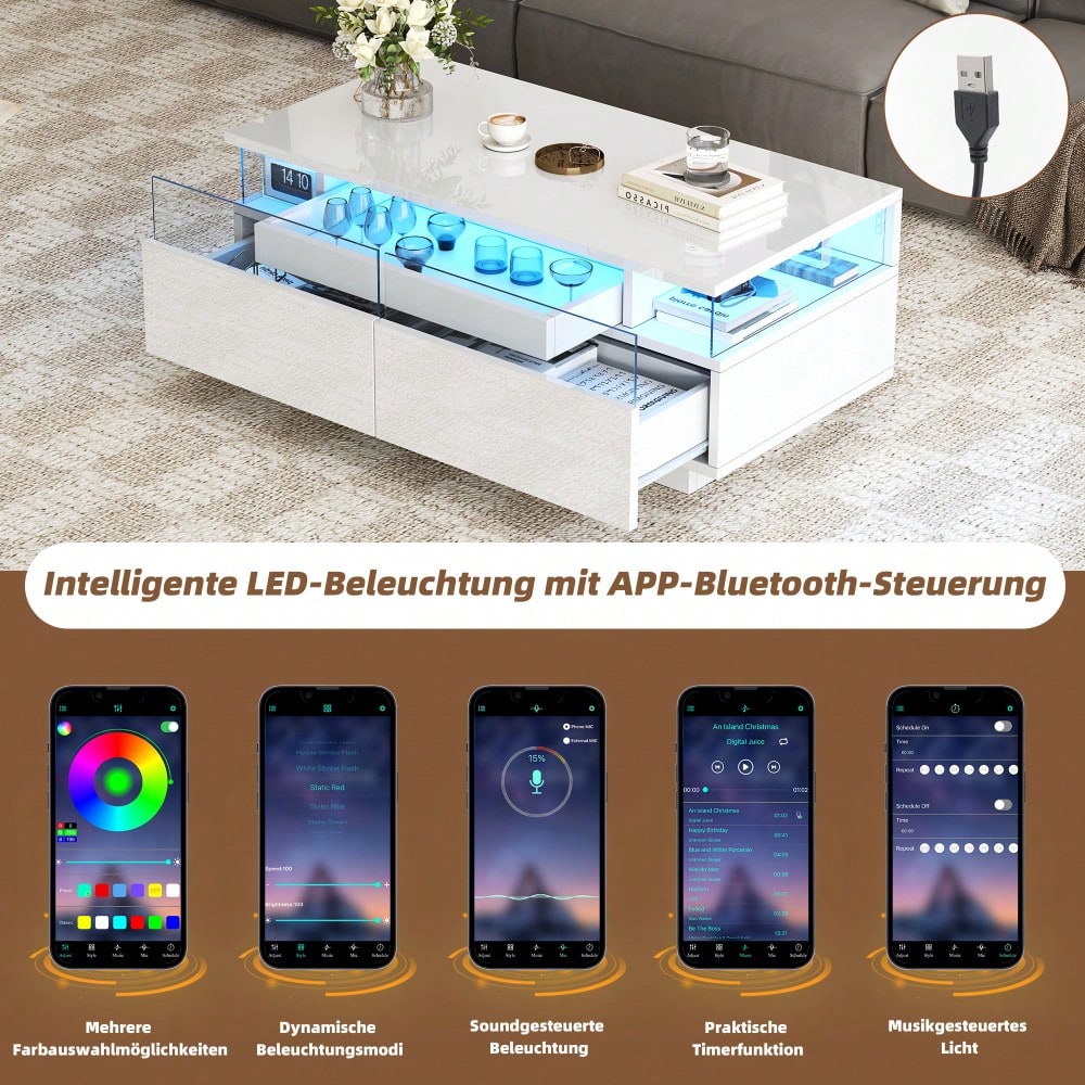 90 * 45 * 35.5 cm Couchtisch mit Tablett, Hochglanz-Couchtisch fürs Wohnzimmer, Sofatisch mit 2 Schubladen, tragender Beistelltisch aus gehärtetem Glas, kaffeetisch mit LED-Licht,Weiß