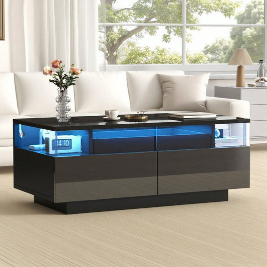 90 * 45 * 35.5 cm Couchtisch mit Tablett, Hochglanz-Couchtisch fürs Wohnzimmer, Sofatisch mit 2 Schubladen, tragender Beistelltisch aus gehärtetem Glas, kaffeetisch mit LED-Licht, Schwarz