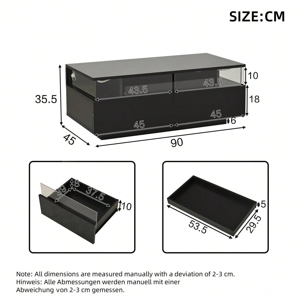 90 * 45 * 35.5 cm Couchtisch mit Tablett, Hochglanz-Couchtisch fürs Wohnzimmer, Sofatisch mit 2 Schubladen, tragender Beistelltisch aus gehärtetem Glas, kaffeetisch mit LED-Licht, Schwarz