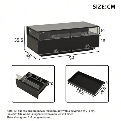 90 * 45 * 35.5 cm Couchtisch mit Tablett, Hochglanz-Couchtisch fürs Wohnzimmer, Sofatisch mit 2 Schubladen, tragender Beistelltisch aus gehärtetem Glas, kaffeetisch mit LED-Licht, Schwarz