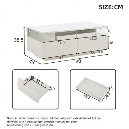 90 * 45 * 35.5 cm Couchtisch mit Tablett, Hochglanz-Couchtisch fürs Wohnzimmer, Sofatisch mit 2 Schubladen, tragender Beistelltisch aus gehärtetem Glas, kaffeetisch mit LED-Licht,Weiß