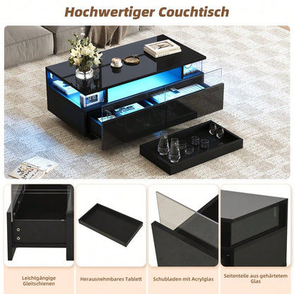 90 * 45 * 35.5 cm Couchtisch mit Tablett, Hochglanz-Couchtisch fürs Wohnzimmer, Sofatisch mit 2 Schubladen, tragender Beistelltisch aus gehärtetem Glas, kaffeetisch mit LED-Licht, Schwarz