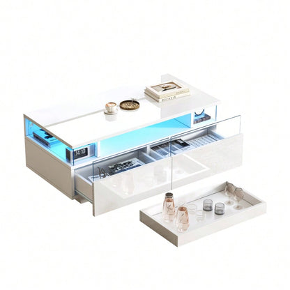 90 * 45 * 35.5 cm Couchtisch mit Tablett, Hochglanz-Couchtisch fürs Wohnzimmer, Sofatisch mit 2 Schubladen, tragender Beistelltisch aus gehärtetem Glas, kaffeetisch mit LED-Licht,Weiß