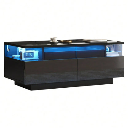 90 * 45 * 35.5 cm Couchtisch mit Tablett, Hochglanz-Couchtisch fürs Wohnzimmer, Sofatisch mit 2 Schubladen, tragender Beistelltisch aus gehärtetem Glas, kaffeetisch mit LED-Licht, Schwarz