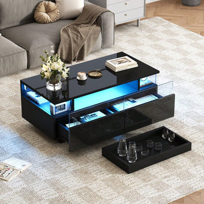 90 * 45 * 35.5 cm Couchtisch mit Tablett, Hochglanz-Couchtisch fürs Wohnzimmer, Sofatisch mit 2 Schubladen, tragender Beistelltisch aus gehärtetem Glas, kaffeetisch mit LED-Licht, Schwarz