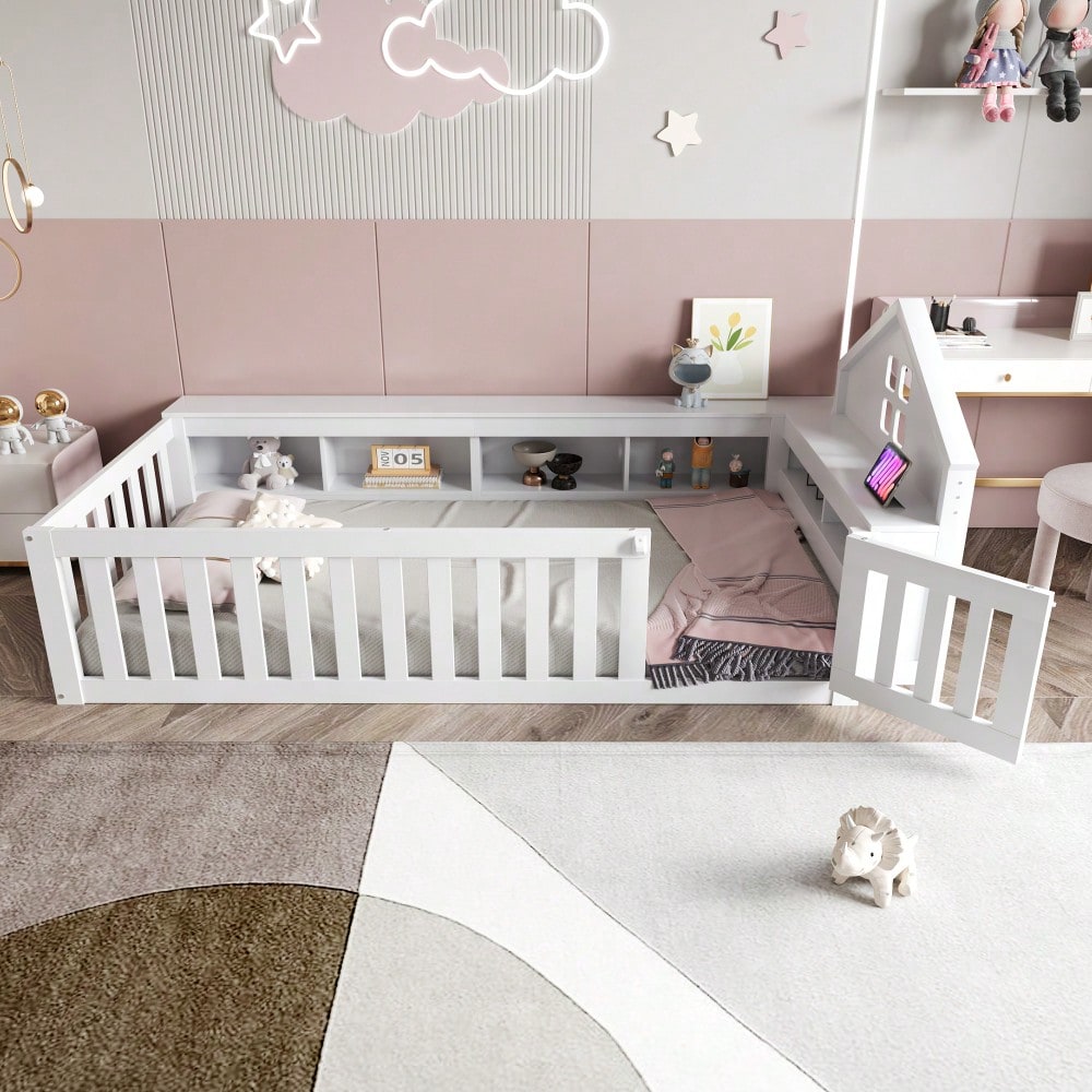 Kinderbett 90 x 200 cm, Mit Dachleiste und Fenster, Mit Staufach zur Aufbewahrung, Mit Sicherheitsgitter und Tür, Rundum-Sicherheitsschutz, Massivholzbett mit Lattenrost, Einzelbett, Weiß