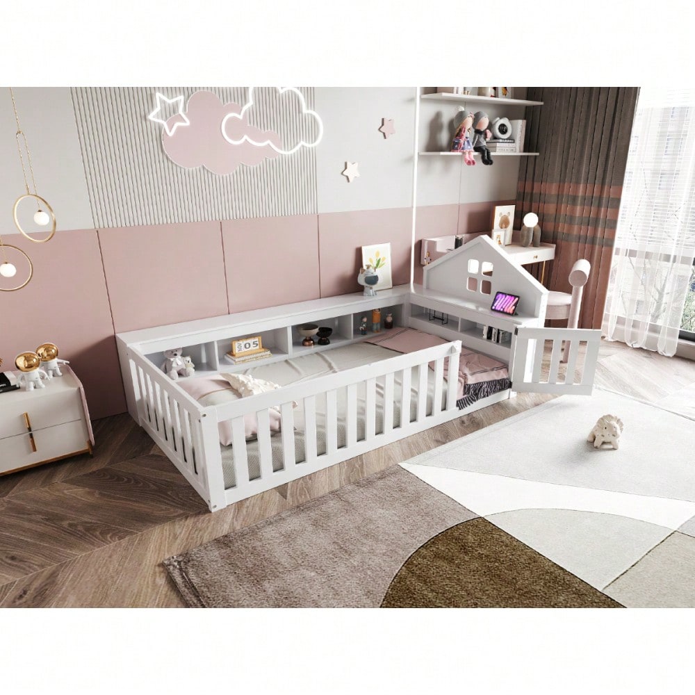 Kinderbett 90 x 200 cm, Mit Dachleiste und Fenster, Mit Staufach zur Aufbewahrung, Mit Sicherheitsgitter und Tür, Rundum-Sicherheitsschutz, Massivholzbett mit Lattenrost, Einzelbett, Weiß