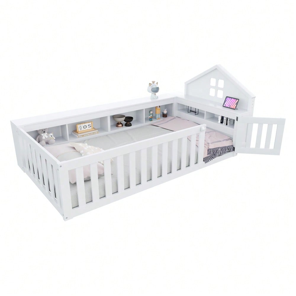 Kinderbett 90 x 200 cm, Mit Dachleiste und Fenster, Mit Staufach zur Aufbewahrung, Mit Sicherheitsgitter und Tür, Rundum-Sicherheitsschutz, Massivholzbett mit Lattenrost, Einzelbett, Weiß