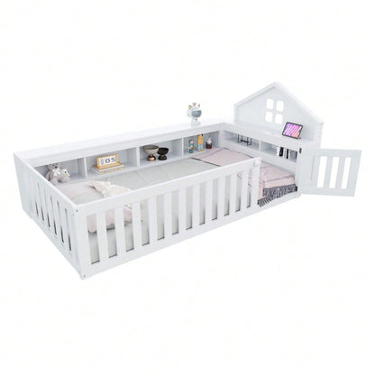 Kinderbett 90 x 200 cm, Mit Dachleiste und Fenster, Mit Staufach zur Aufbewahrung, Mit Sicherheitsgitter und Tür, Rundum-Sicherheitsschutz, Massivholzbett mit Lattenrost, Einzelbett, Weiß