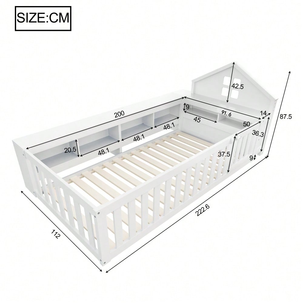 Kinderbett 90 x 200 cm, Mit Dachleiste und Fenster, Mit Staufach zur Aufbewahrung, Mit Sicherheitsgitter und Tür, Rundum-Sicherheitsschutz, Massivholzbett mit Lattenrost, Einzelbett, Weiß