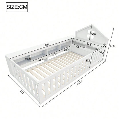 Kinderbett 90 x 200 cm, Mit Dachleiste und Fenster, Mit Staufach zur Aufbewahrung, Mit Sicherheitsgitter und Tür, Rundum-Sicherheitsschutz, Massivholzbett mit Lattenrost, Einzelbett, Weiß