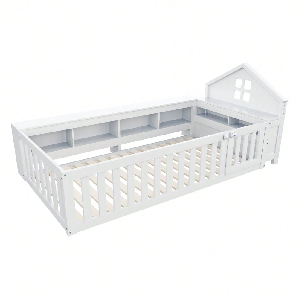 Kinderbett 90 x 200 cm, Mit Dachleiste und Fenster, Mit Staufach zur Aufbewahrung, Mit Sicherheitsgitter und Tür, Rundum-Sicherheitsschutz, Massivholzbett mit Lattenrost, Einzelbett, Weiß