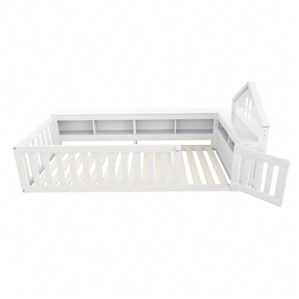 Kinderbett 90 x 200 cm, Mit Dachleiste und Fenster, Mit Staufach zur Aufbewahrung, Mit Sicherheitsgitter und Tür, Rundum-Sicherheitsschutz, Massivholzbett mit Lattenrost, Einzelbett, Weiß