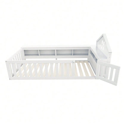 Kinderbett 90 x 200 cm, Mit Dachleiste und Fenster, Mit Staufach zur Aufbewahrung, Mit Sicherheitsgitter und Tür, Rundum-Sicherheitsschutz, Massivholzbett mit Lattenrost, Einzelbett, Weiß