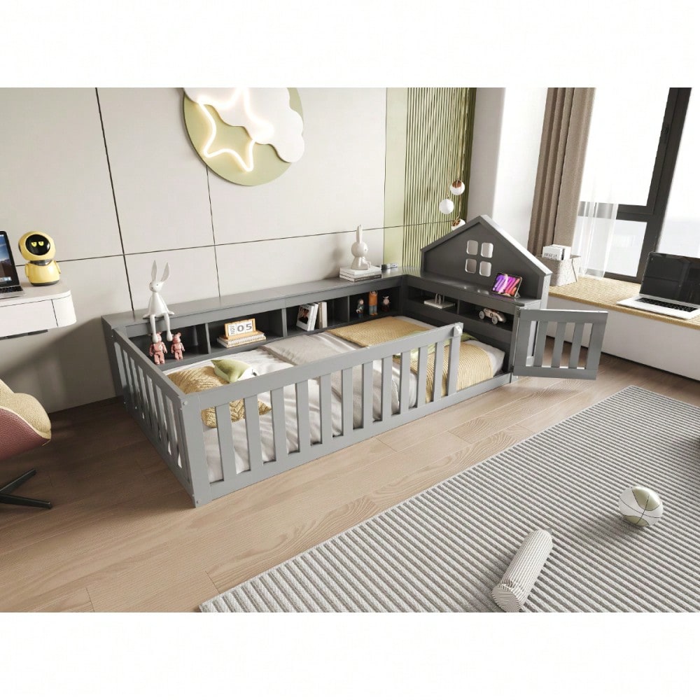 Kinderbett 90 x 200 cm, Mit Dachleiste und Fenster, Mit Staufach zur Aufbewahrung, Mit Sicherheitsgitter und Tür, Rundum-Sicherheitsschutz, Massivholzbett mit Lattenrost, Einzelbett, Grau