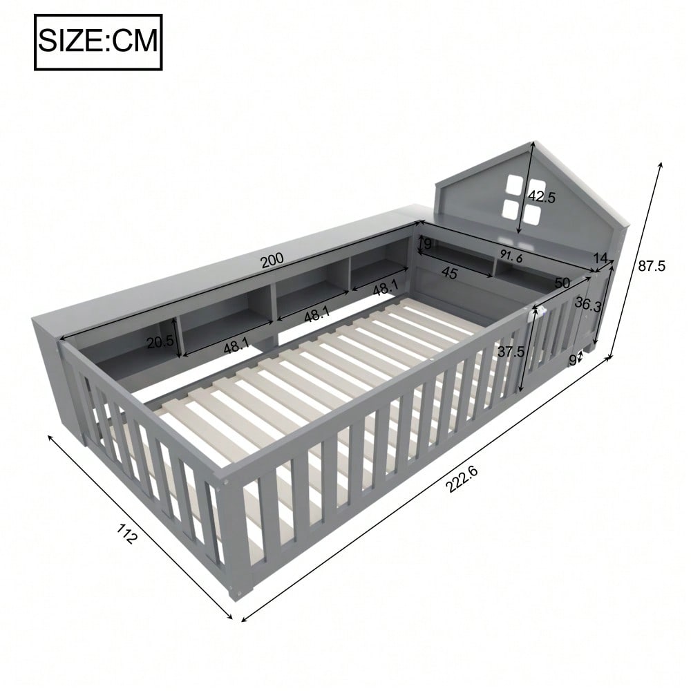Kinderbett 90 x 200 cm, Mit Dachleiste und Fenster, Mit Staufach zur Aufbewahrung, Mit Sicherheitsgitter und Tür, Rundum-Sicherheitsschutz, Massivholzbett mit Lattenrost, Einzelbett, Grau