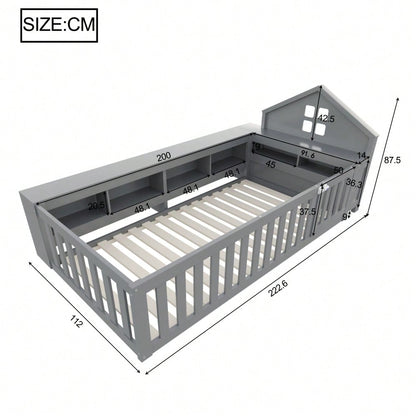 Kinderbett 90 x 200 cm, Mit Dachleiste und Fenster, Mit Staufach zur Aufbewahrung, Mit Sicherheitsgitter und Tür, Rundum-Sicherheitsschutz, Massivholzbett mit Lattenrost, Einzelbett, Grau