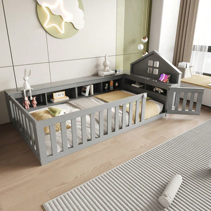 Kinderbett 90 x 200 cm, Mit Dachleiste und Fenster, Mit Staufach zur Aufbewahrung, Mit Sicherheitsgitter und Tür, Rundum-Sicherheitsschutz, Massivholzbett mit Lattenrost, Einzelbett, Grau