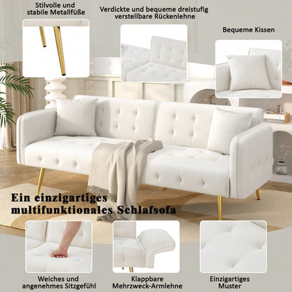 Zweisitzer-Multifunktions-Sofabett mit Bettfunktion, verstellbarer Rückenlehne + mehrstelligen Armlehnen. Modernes Faltsofabett für Wohnzimmer - Veloursbezug. Großzügiger Schlafbereich