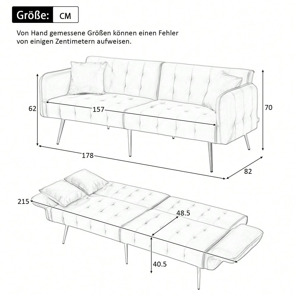 Zweisitzer-Multifunktions-Sofabett mit Bettfunktion, verstellbarer Rückenlehne + mehrstelligen Armlehnen. Modernes Faltsofabett für Wohnzimmer - Veloursbezug. Großzügiger Schlafbereich