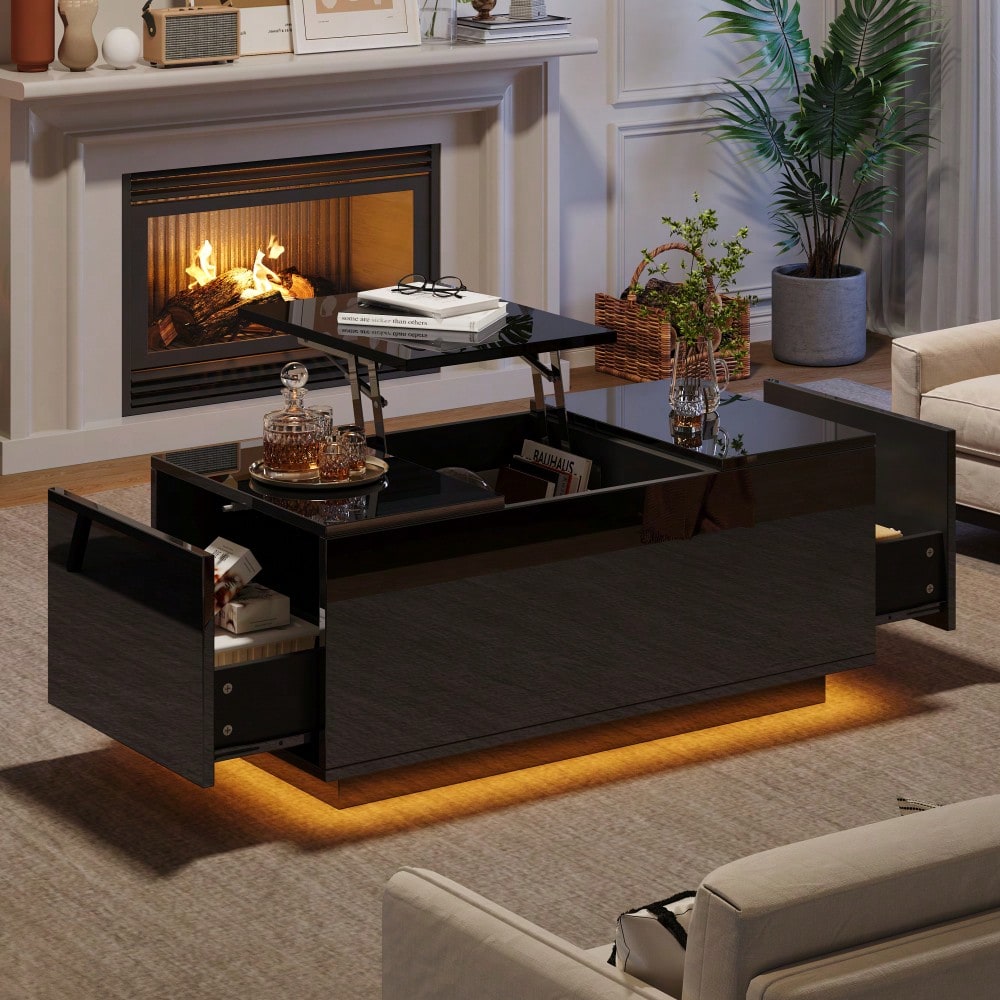 95*48*40cm Couchtisch mit Hebeplatte, höhenverstellbar ausziehbar, Lift-Top-Tisch. Wohnzimmertisch mit 2 Schubladen, Sofatisch mit LED,Multifunktionaler Lift-up-Kaffeetisch, Schwarz