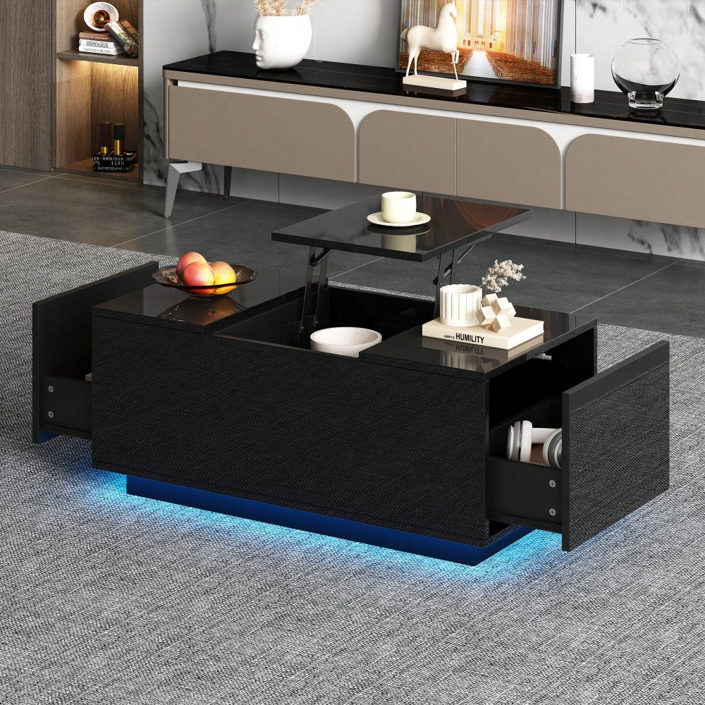 95*48*40cm Couchtisch mit Hebeplatte, höhenverstellbar ausziehbar, Lift-Top-Tisch. Wohnzimmertisch mit 2 Schubladen, Sofatisch mit LED,Multifunktionaler Lift-up-Kaffeetisch, Schwarz