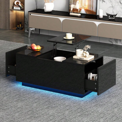 95*48*40cm Couchtisch mit Hebeplatte, höhenverstellbar ausziehbar, Lift-Top-Tisch. Wohnzimmertisch mit 2 Schubladen, Sofatisch mit LED,Multifunktionaler Lift-up-Kaffeetisch, Schwarz