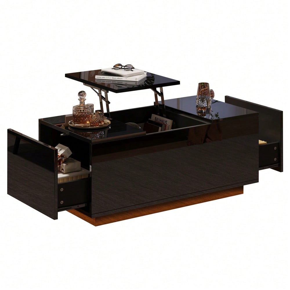 95*48*40cm Couchtisch mit Hebeplatte, höhenverstellbar ausziehbar, Lift-Top-Tisch. Wohnzimmertisch mit 2 Schubladen, Sofatisch mit LED,Multifunktionaler Lift-up-Kaffeetisch, Schwarz