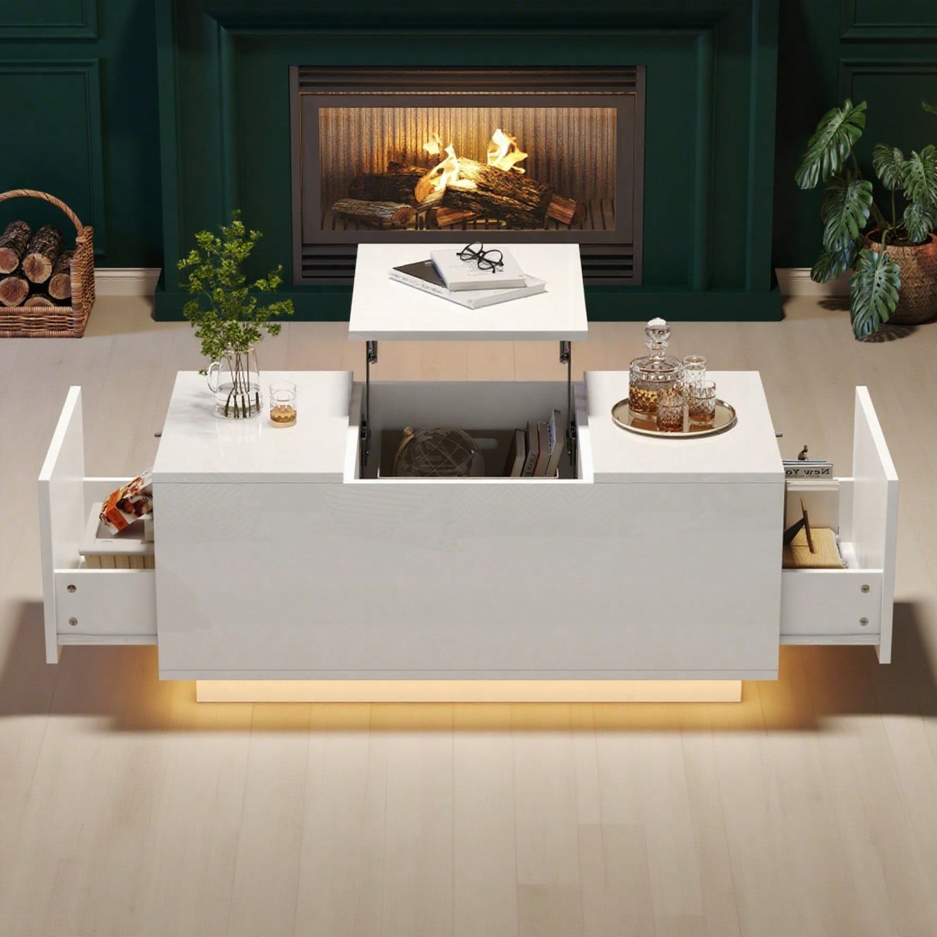 95*48*40cm Couchtisch mit Hebeplatte, höhenverstellbar ausziehbar, Lift-Top-Tisch. Wohnzimmertisch mit 2 Schubladen, Sofatisch mit LED,Multifunktionaler Lift-up-Kaffeetisch, Weiß
