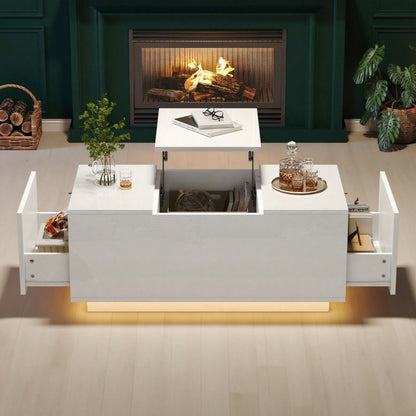 95*48*40cm Couchtisch mit Hebeplatte, höhenverstellbar ausziehbar, Lift-Top-Tisch. Wohnzimmertisch mit 2 Schubladen, Sofatisch mit LED,Multifunktionaler Lift-up-Kaffeetisch, Weiß