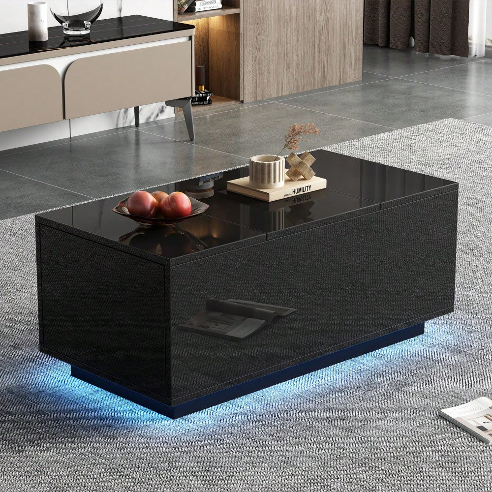 95*48*40cm Couchtisch mit Hebeplatte, höhenverstellbar ausziehbar, Lift-Top-Tisch. Wohnzimmertisch mit 2 Schubladen, Sofatisch mit LED,Multifunktionaler Lift-up-Kaffeetisch, Schwarz