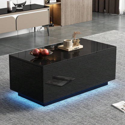 95*48*40cm Couchtisch mit Hebeplatte, höhenverstellbar ausziehbar, Lift-Top-Tisch. Wohnzimmertisch mit 2 Schubladen, Sofatisch mit LED,Multifunktionaler Lift-up-Kaffeetisch, Schwarz
