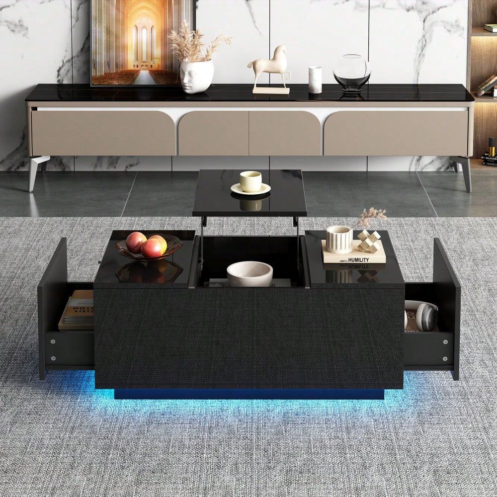 95*48*40cm Couchtisch mit Hebeplatte, höhenverstellbar ausziehbar, Lift-Top-Tisch. Wohnzimmertisch mit 2 Schubladen, Sofatisch mit LED,Multifunktionaler Lift-up-Kaffeetisch, Schwarz
