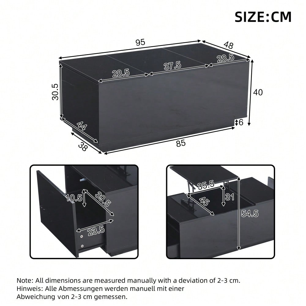 95*48*40cm Couchtisch mit Hebeplatte, höhenverstellbar ausziehbar, Lift-Top-Tisch. Wohnzimmertisch mit 2 Schubladen, Sofatisch mit LED,Multifunktionaler Lift-up-Kaffeetisch, Schwarz