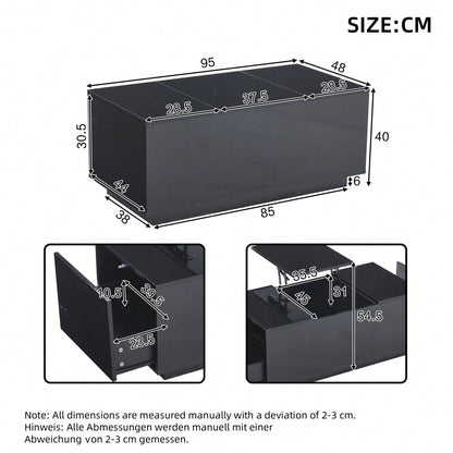 95*48*40cm Couchtisch mit Hebeplatte, höhenverstellbar ausziehbar, Lift-Top-Tisch. Wohnzimmertisch mit 2 Schubladen, Sofatisch mit LED,Multifunktionaler Lift-up-Kaffeetisch, Schwarz