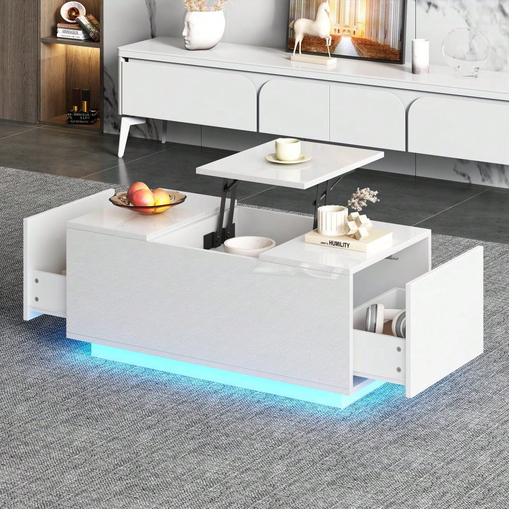 95*48*40cm Couchtisch mit Hebeplatte, höhenverstellbar ausziehbar, Lift-Top-Tisch. Wohnzimmertisch mit 2 Schubladen, Sofatisch mit LED,Multifunktionaler Lift-up-Kaffeetisch, Weiß